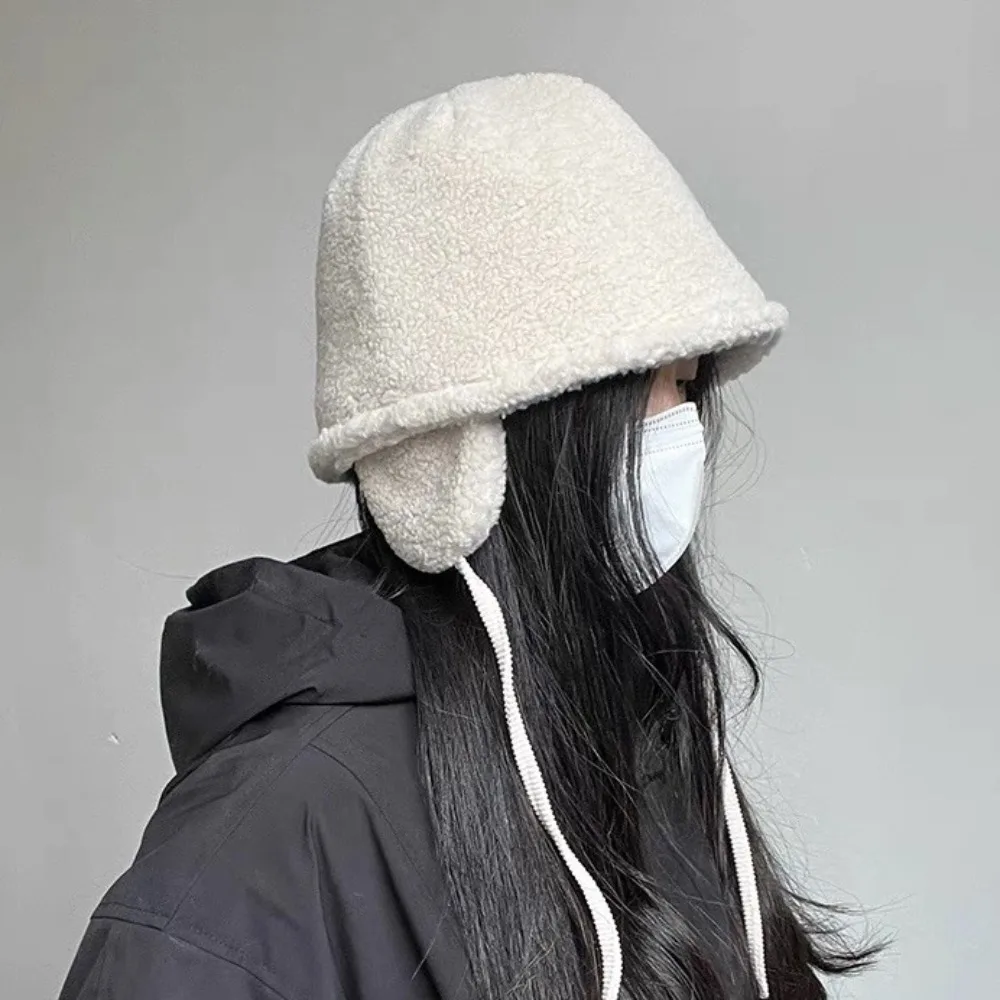 

Lamb Wool Bucket Hat New Warm Plush Ear Protector Short Brim Cap Thickened With Strap Fisherman's Hat Women