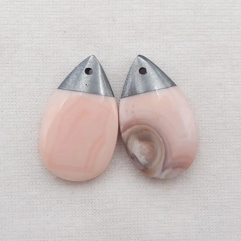 Semiprecious Natural Stone Hematite,Pink Agate Gemstone DIY Jewelry Intarsia Earring Bead Accessories 26x16x5mm 6g