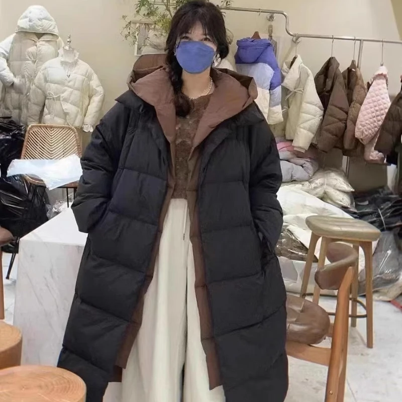 Women's Down Jacket Long Knee Winter Trends Stylish & Warm Coat Pike Coat 2024 New High-end Hooded Fake Two Piece Down Jacket 5
