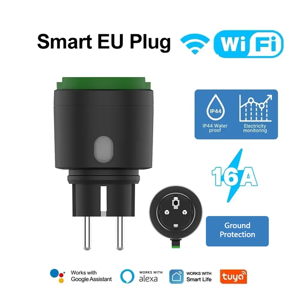 Enchufe Inteligente para Exteriores con WiFi Tuya de 16A para la UE, Enchufe Impermeable IP44 y Monitoreo de Energía, Enchufe Inteligente para el Hogar Compatible con Alexa y Google Home