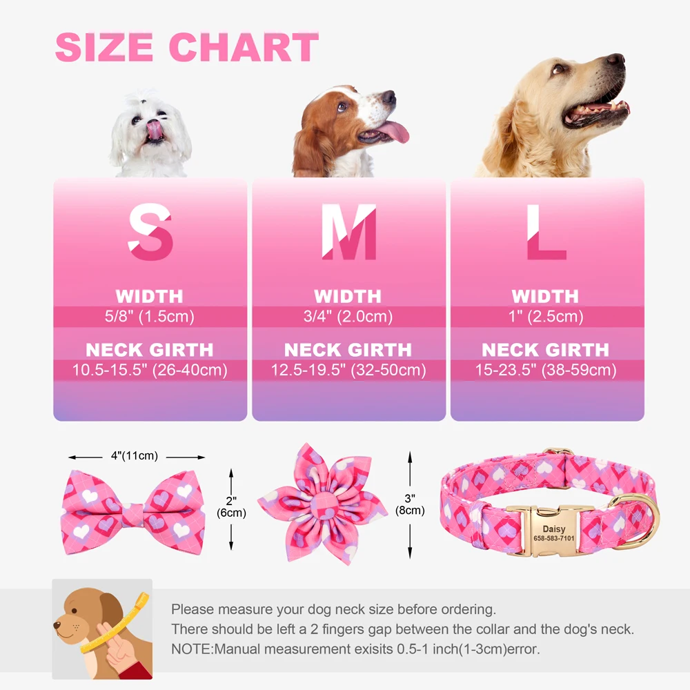 Personalized Dog Collar Printed Girl Dog Collars With Flower Bowtie Free Engraved Nameplate Necklace For Small Medium Dogs