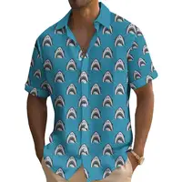Summer Fashion Cartoon Ocean Overlord Shark Print Men's Short Sleeve Casual Print Top Seaside Vacation Travel Wear Oversized Top 2