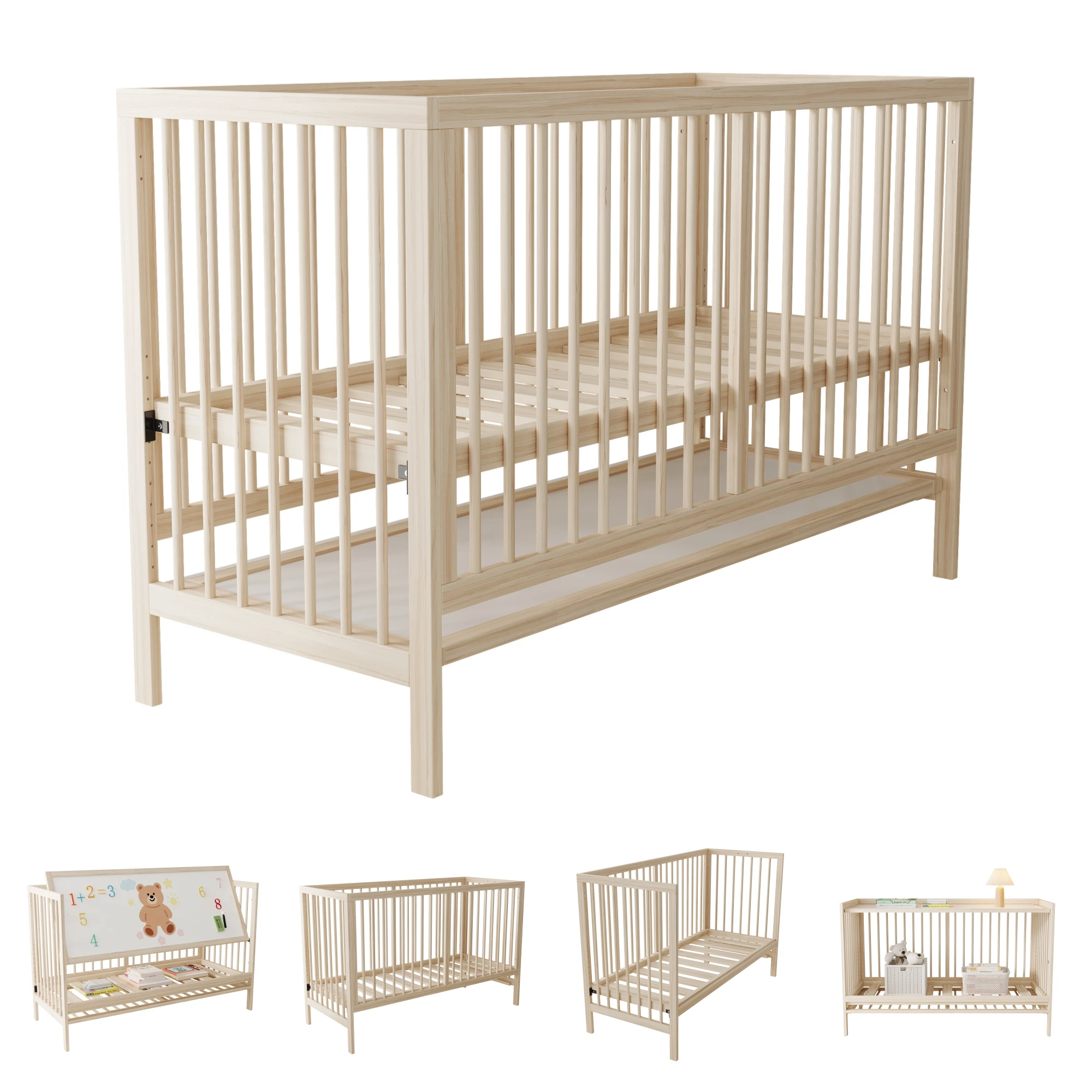 140x60x90cm Wooden Baby Cot, Convertible Into An Extra Bed / Painting Board Rack / Desk, Height Adjustable, No Mattress, Spruce Sb9dfe046027e46f29851322cbad9828aV