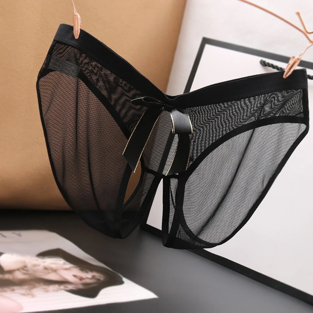 

Sexy Womens Lace Ultra Thin Transparent Triangular Panties Open Crotch G-string Briefs Low-waisted Seamless Erotic Bow Underwear