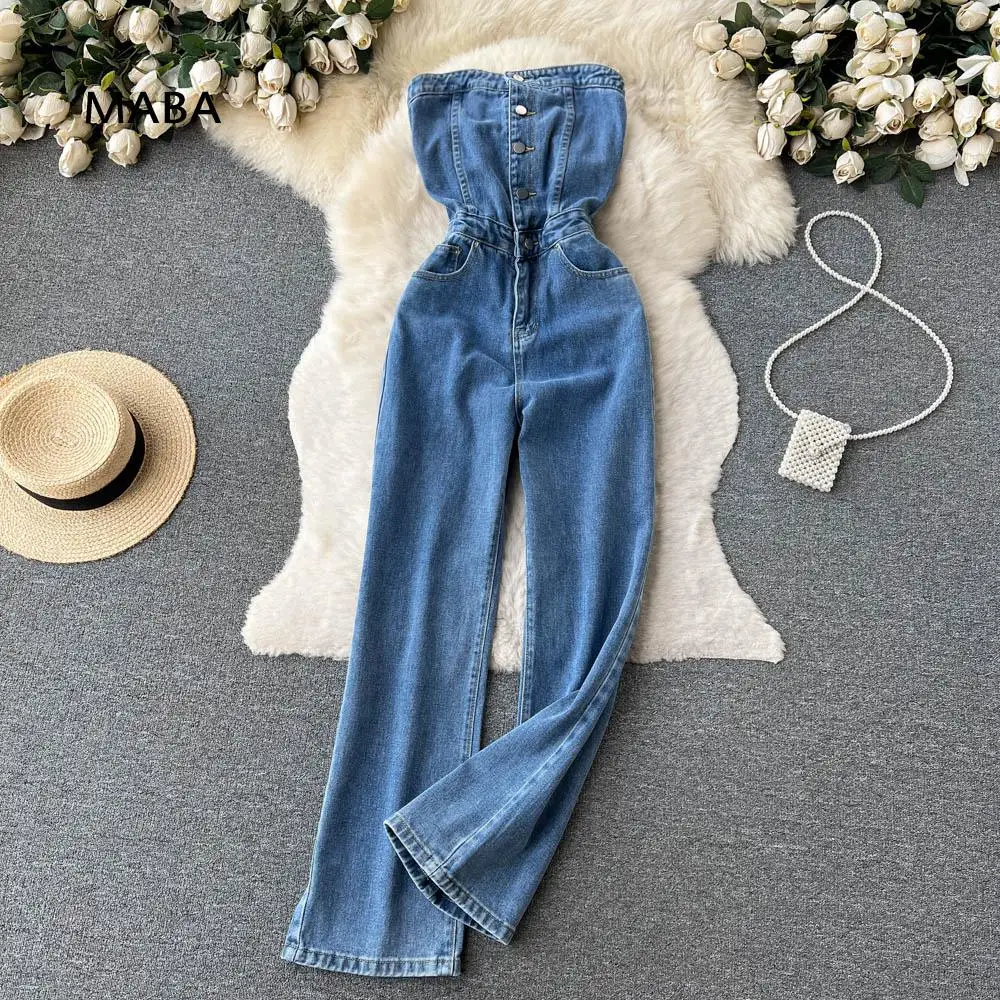 

Summer New Women Retro Designer Sexy Single Breasted Denim Strapless Jumpsuit Female Off Shoulder Slim Wide Leg Pants Jumpsuit