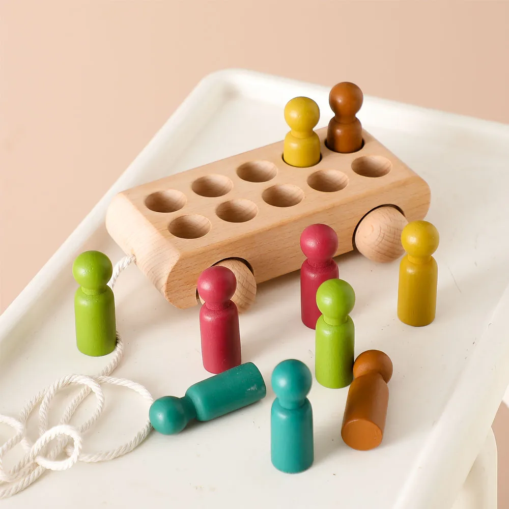 Wood Colorful Beech Trolley Toys For Babies From 1 Year To 3 With 10 Wooden Dolls Games For Babies Development Montessori Baby 2
