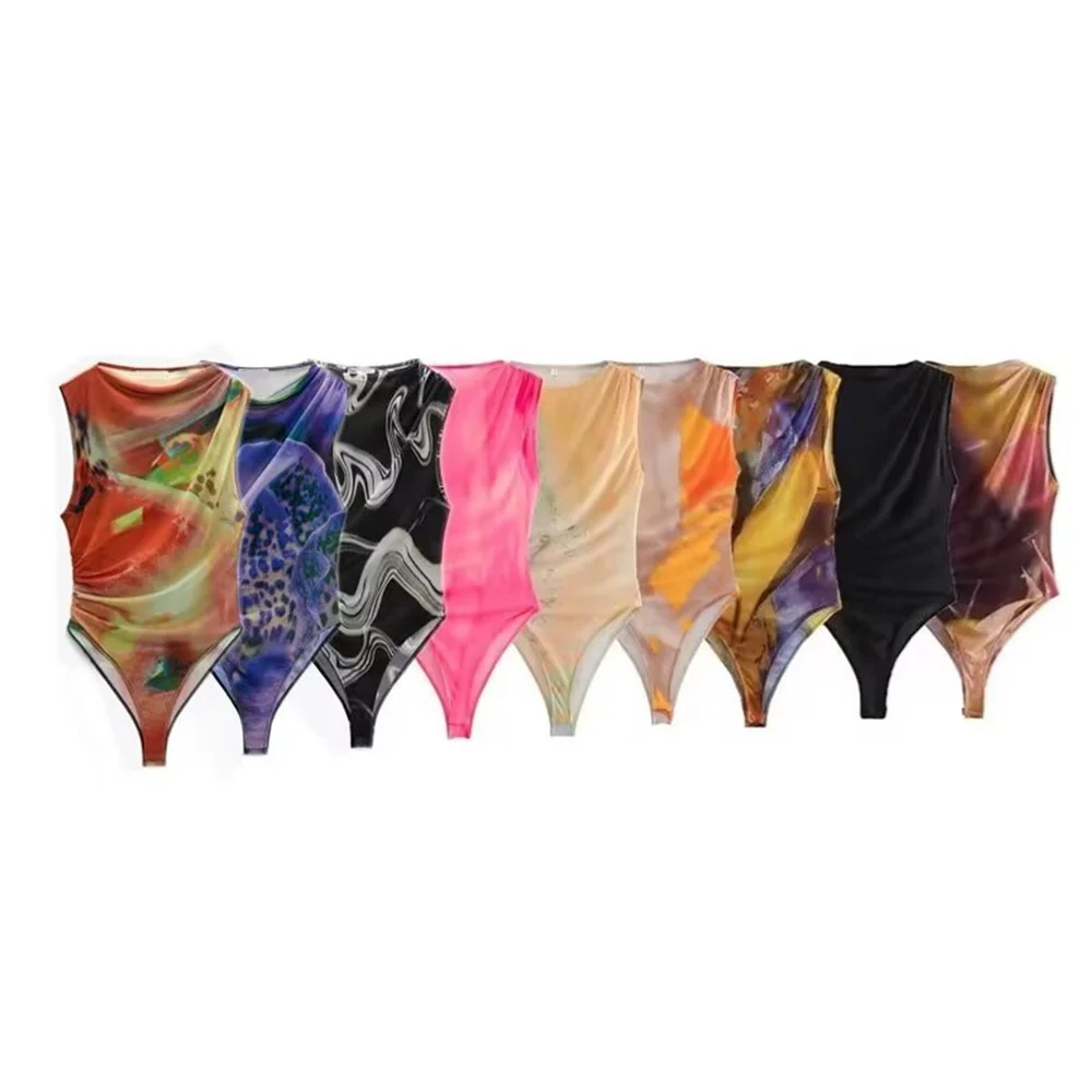 

European and American foreign trade 23 new style French tops sleeveless slim pleated decorative printed tulle jumpsuit 5039345