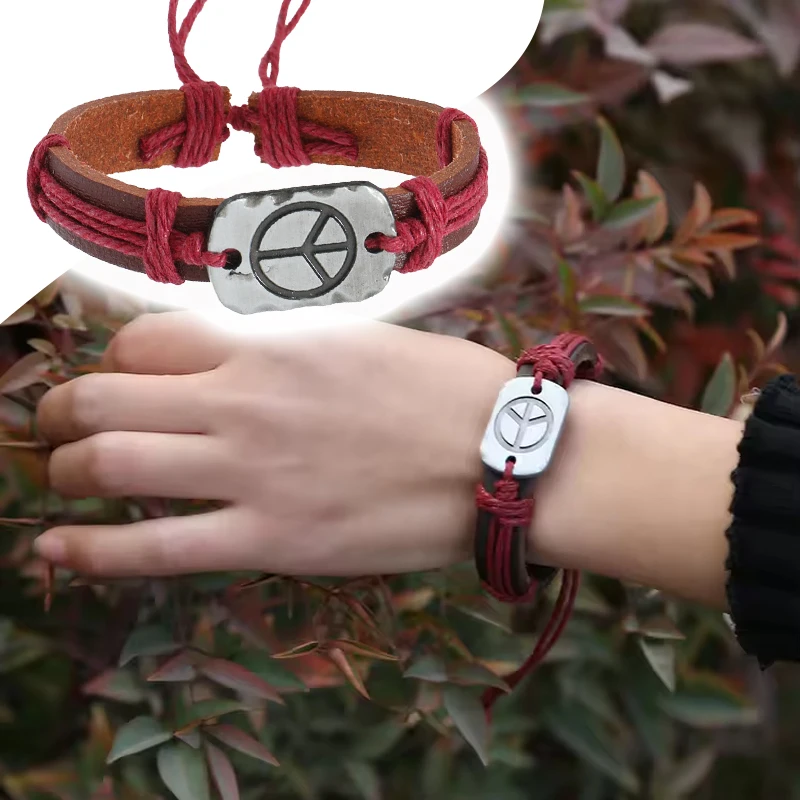 

Viking hand-woven personalized ins style leather bracelet peace sign men's and women's bracelets