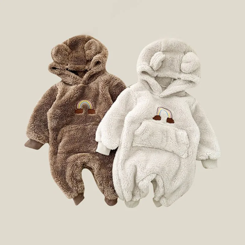 

Autumn Winter Baby Hooded Rompers For Boys Girls Thicken Warm Toddler Flannel Jumpsuits Kids Playsuit Infant Casual Home Clothes
