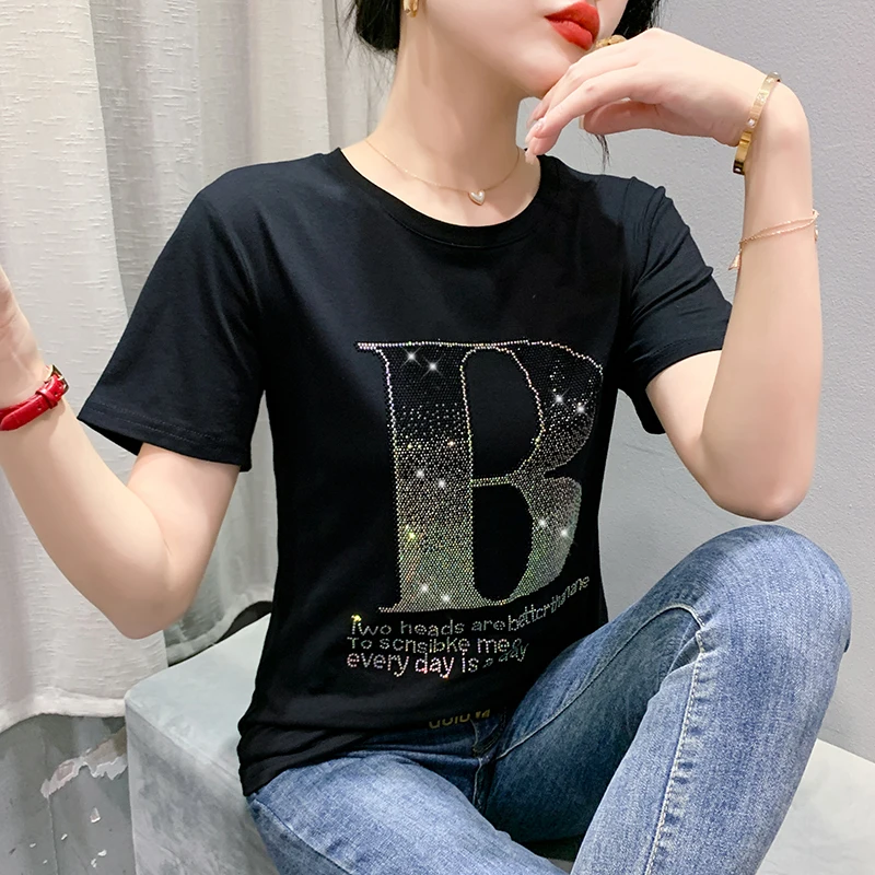 

Женская хлопковая футболка с коротким рукавом, черная свободная футболка с блестящими стразами и надписью, в Корейском стиле, лето 2024