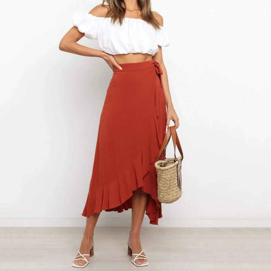 

Summer Bohemian One-Piece Sashes Women's Long Wrap Skirt Elegant Side Split Ruffled Beach Maxi Women Skirt