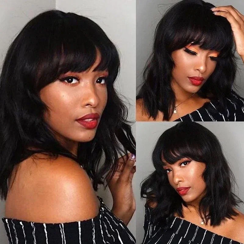 Body Wave Short Bob Human Hair Wig With Bangs Full Machine Made Glueless For Black Women Brazilian Water Wave Bob Wig With Bangs