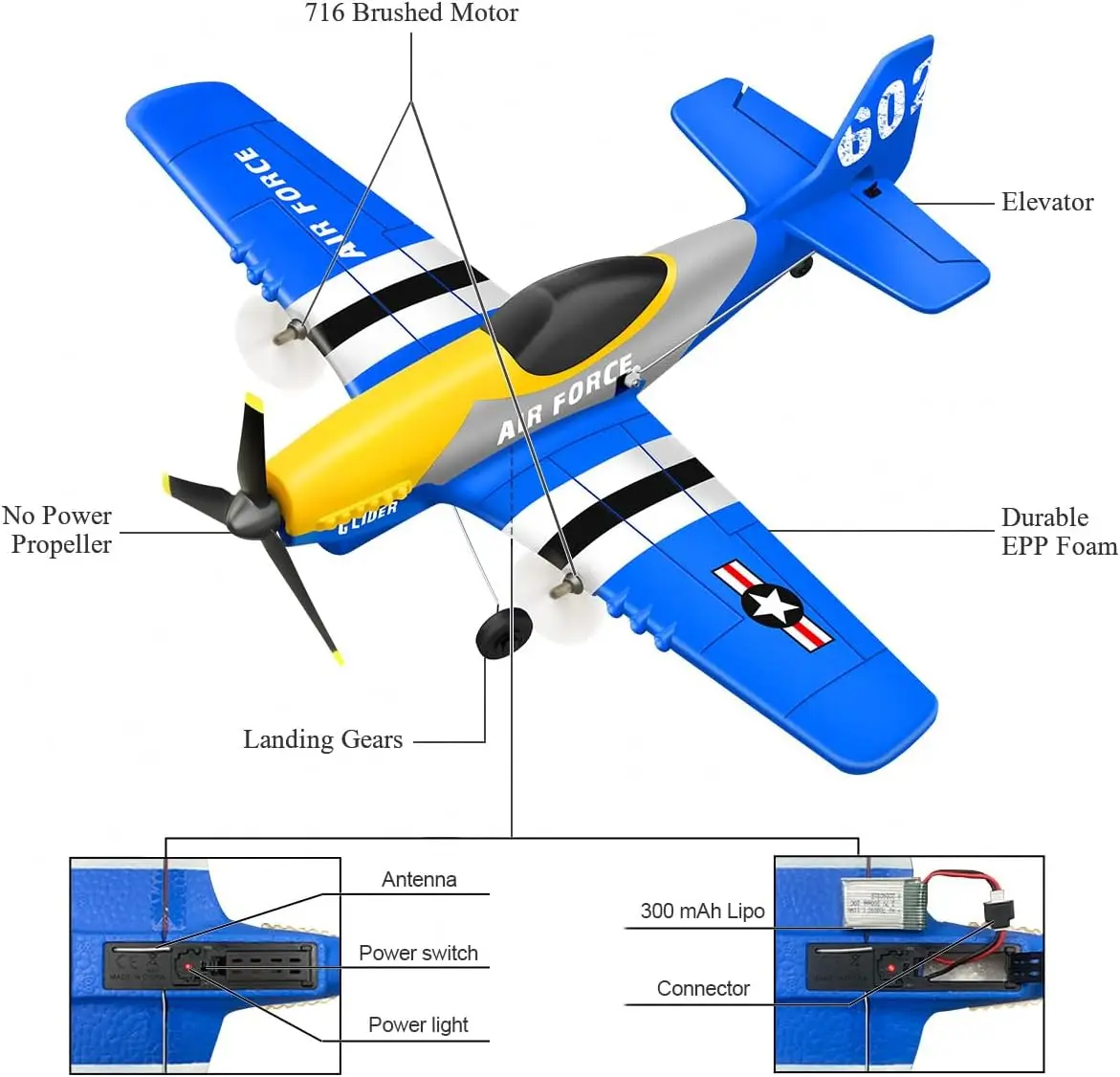 Planeur RC 2.4G 3CH EPP P51 Mustang - Temps de vol 20 min