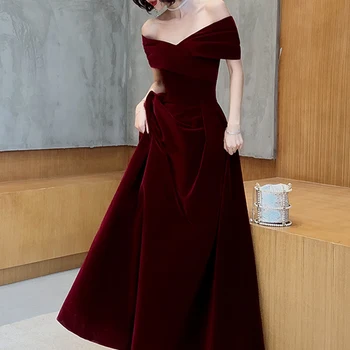 Lautaro 여성용 2022 오프 숄더 맥시 드레스, 럭셔리 롱 드레스, 우아한 와인 레드 소프트 벨벳, 이브닝 파티 웨딩 드레스, 봄