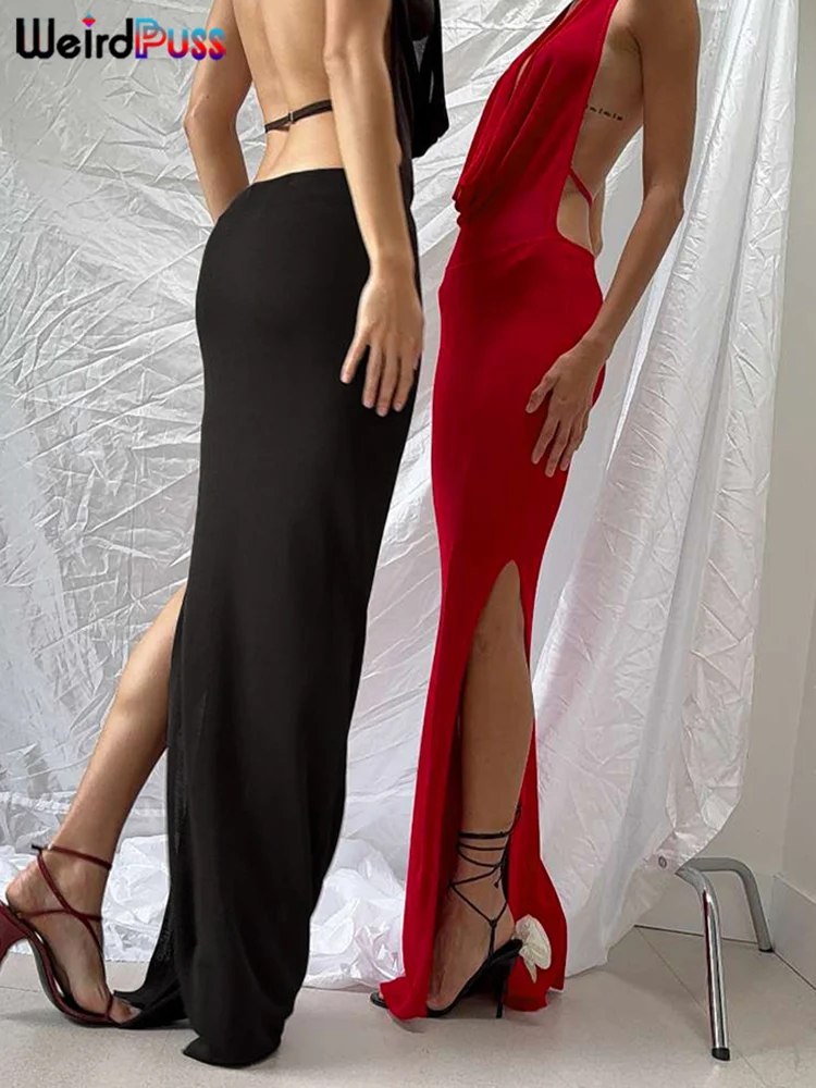 Weird Puss Hollow Halter Dress Women Low-Neck Backless Sexy Sleeveless Slits Robe Trend Midnight Banquet Coquettish Long Bodycon 5