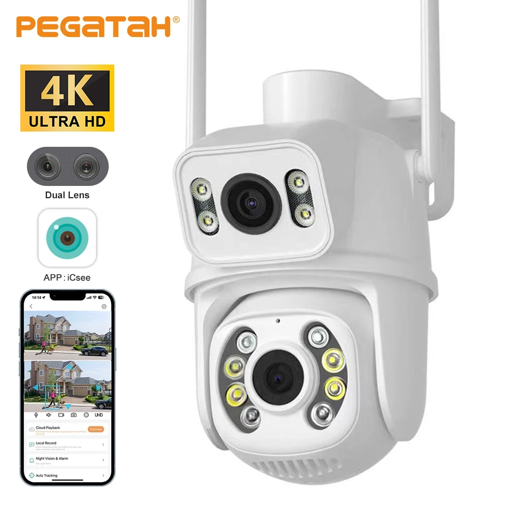 8MP 4K PTZ Wifi Dual Camera Lens with Dual Screen CCTV Ai Human Detect Auto Tracking Wireless Outdoor Surveillance Camera