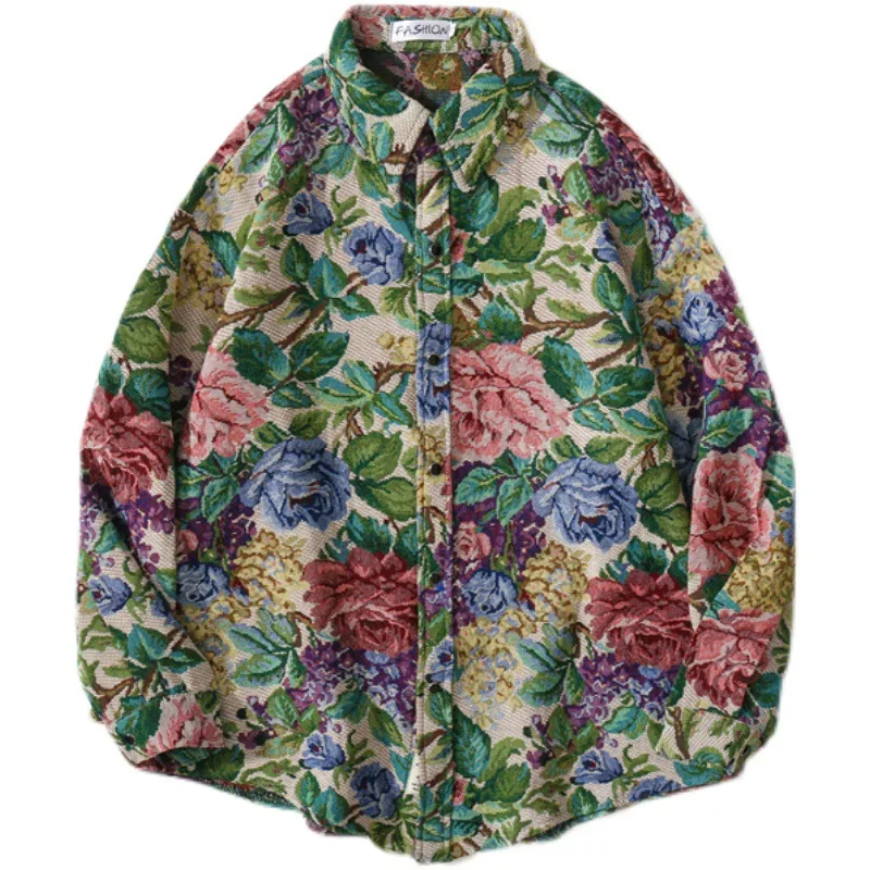 

2023 Men Vintage Watercolor Floral Print Oversized Shirts Coat Autumn Retro Harajuku Hip Hop Fashion Casual Streetwear