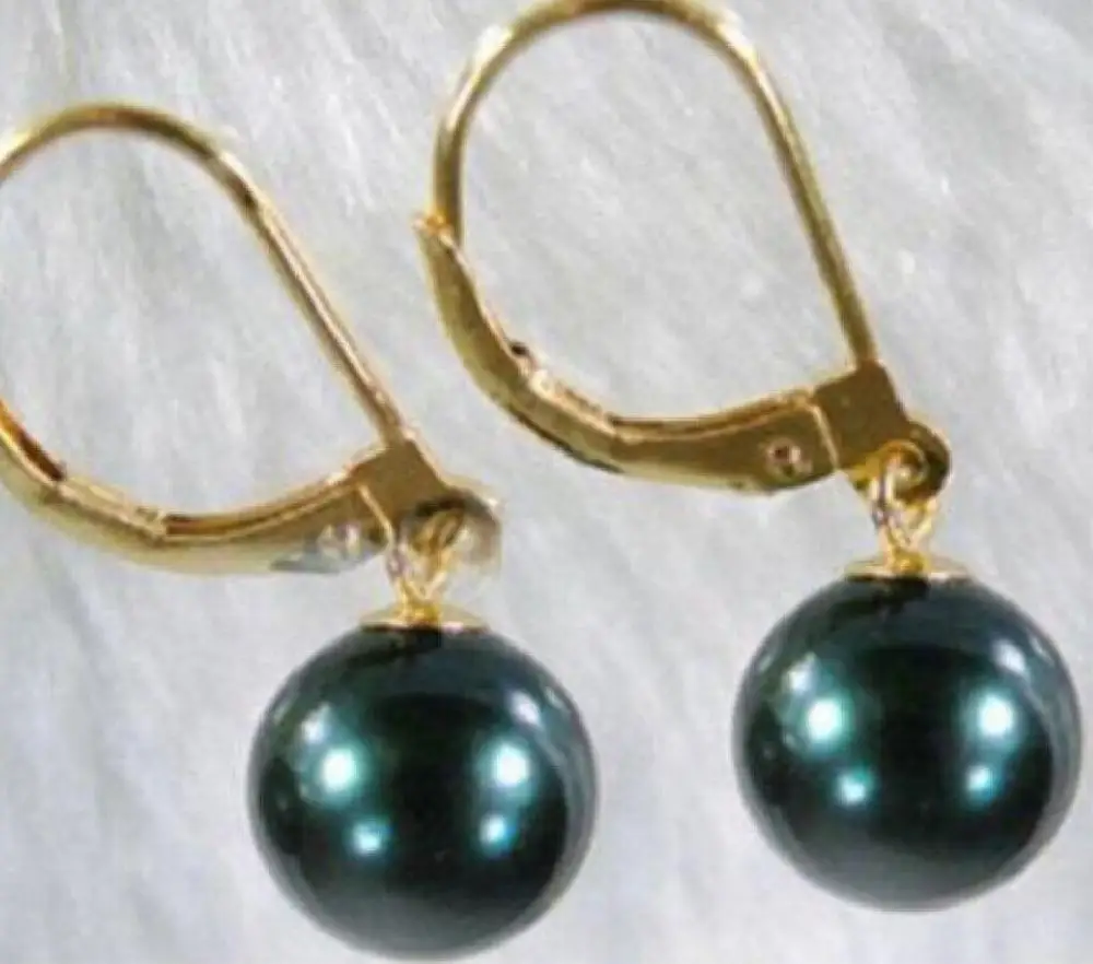 

CHARMING BLACK SOUTH SEA PEARL DANGLE EARRING 9-10 MM 14k/20 YELLOW GOLD MARKED