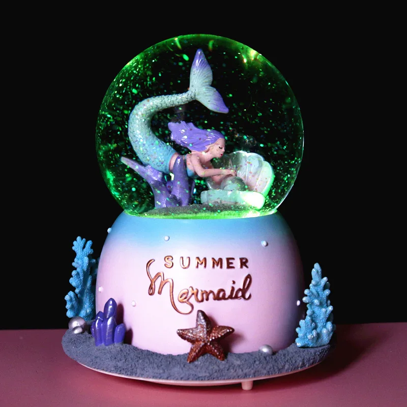 Crystal Ball Music Box Mermaid Girls Birthady Gifts Glowing Snowflakes Music Box Home Decoration Desktop Ornament 6