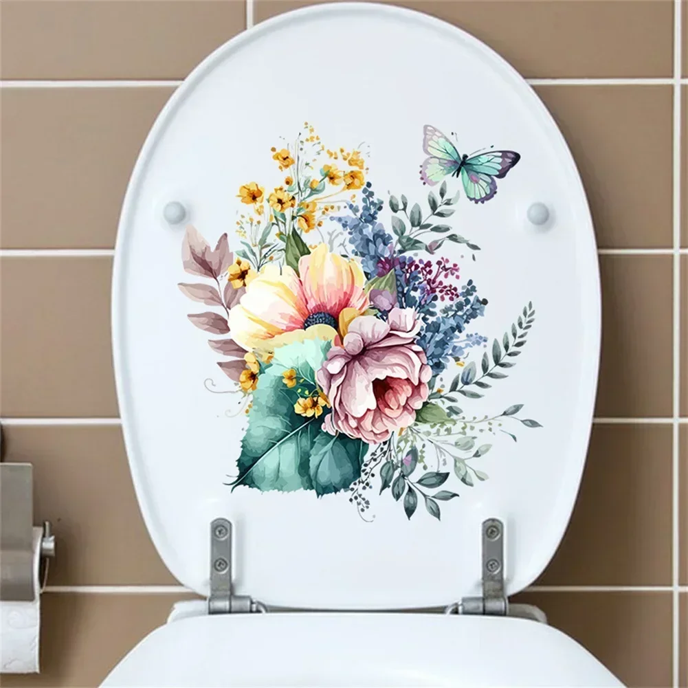 Flower Butterfly Toilet Stickers Toilet Lid WC Vinyl Decals Refrigerator Door Plant Stickers Bathroom Home Decoration