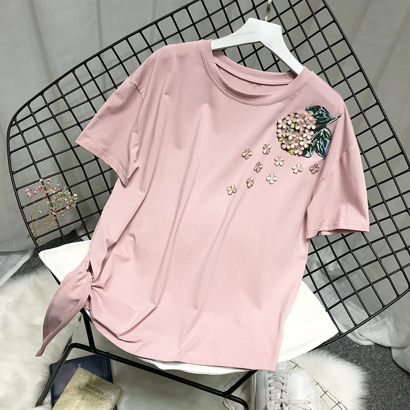 

Women Pink T-shirts Femme Short Sleeve Tees Lady Big Size Embroidery Cotton T-shirts Tops