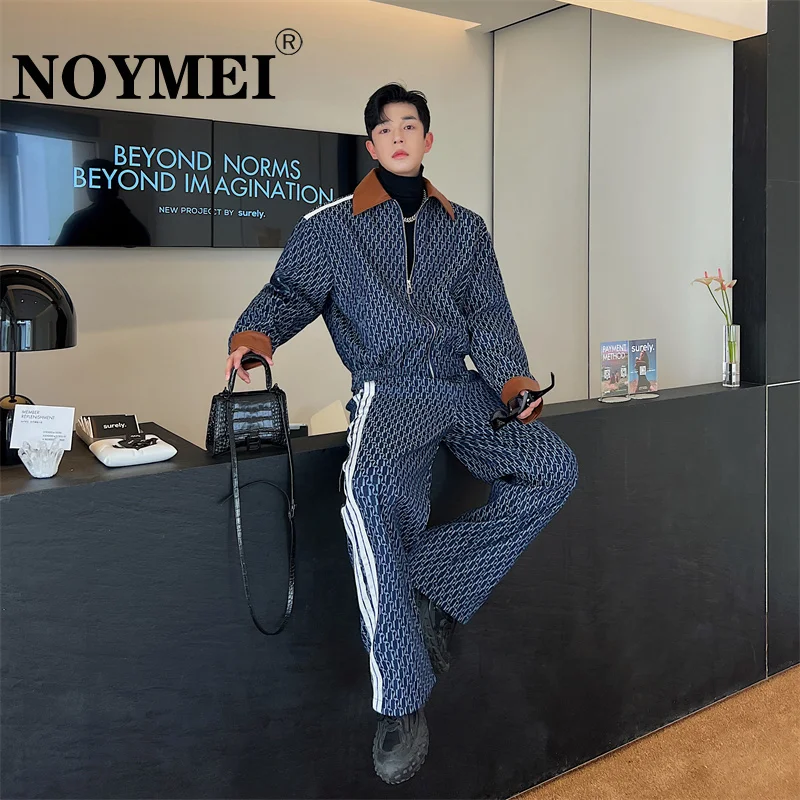 

Модный Джинсовый комплект NOYMEI из двух предметов с принтом, Мужская свободная куртка с наплечниками, прямые широкие брюки, уличная мода WA2657