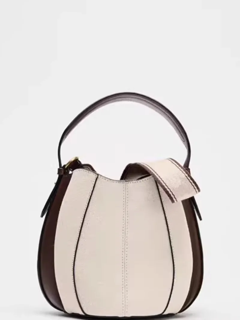 Fashion Panelled Canvas Bucket Bag Designer Women Handbags Luxury Pu Leather Shoulder Crossbody Bags with Wide Strap Tote Purses