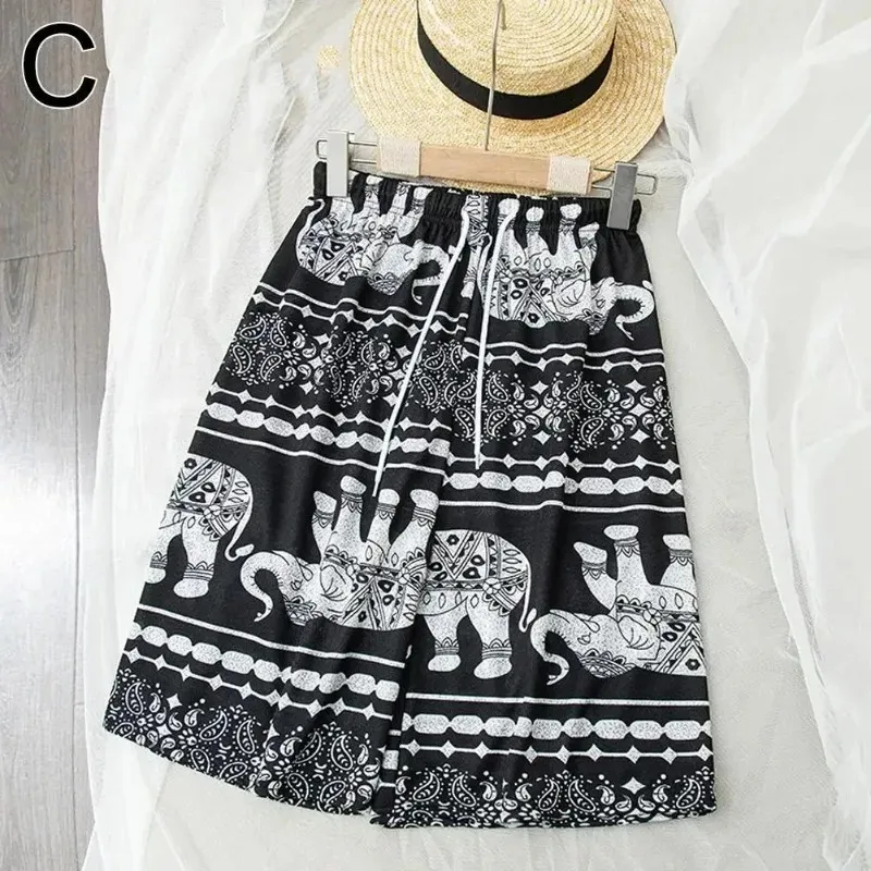 Boho Women Wide Leg Shorts High Waist Elephant Print Pant Thin Straight Trousers Casual Bottoms Female Clothing