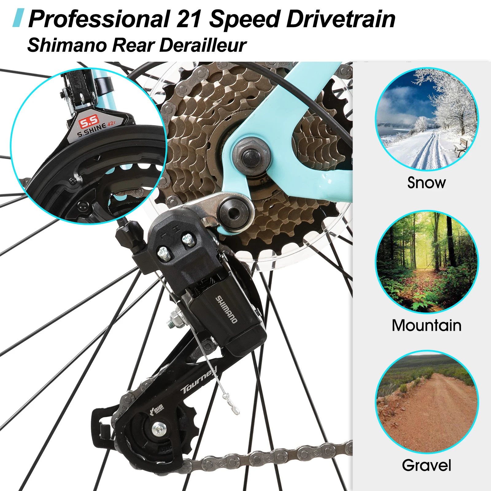 Hiland 26 Inch Women‘s Mountain Bike, 21 Speed Steel Frame Adult Bicycle, Man MTB Bikes with Suspension Fork, Purple Green White 5