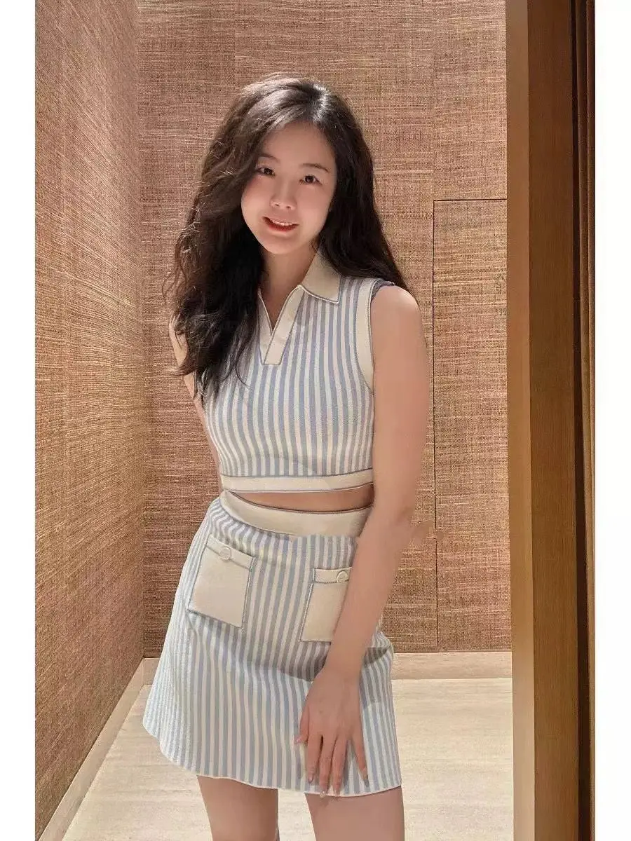 

Women Stripes Slim Knitted Set Summer New 2024 Female Turn-Down Collar Sleeveless Short Tops and High Waist Pockets Mini Skirt