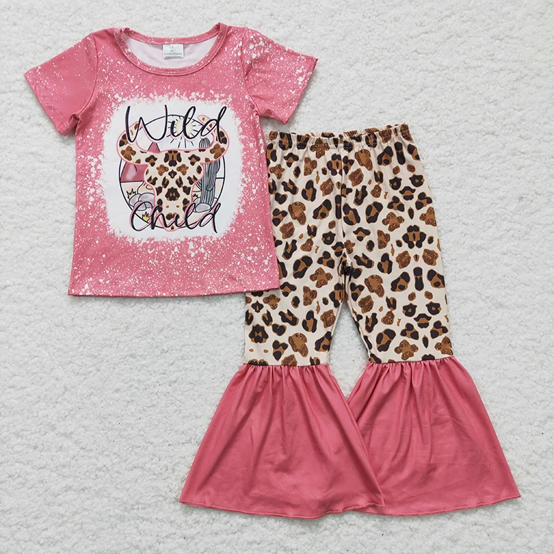 

Western Toddler Wild Cow Outfit Baby Girl Pink Short Sleeves Tee Shirt Leopard Bell Bottom Pants Wholesale Children Kids New Set