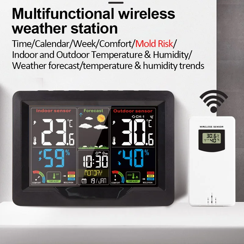 

Multifunctional Wireless Weather Station Color Disply Digital Clock Thermometer Hygrometer Outdoor Sensor with Trend Mildew Risk