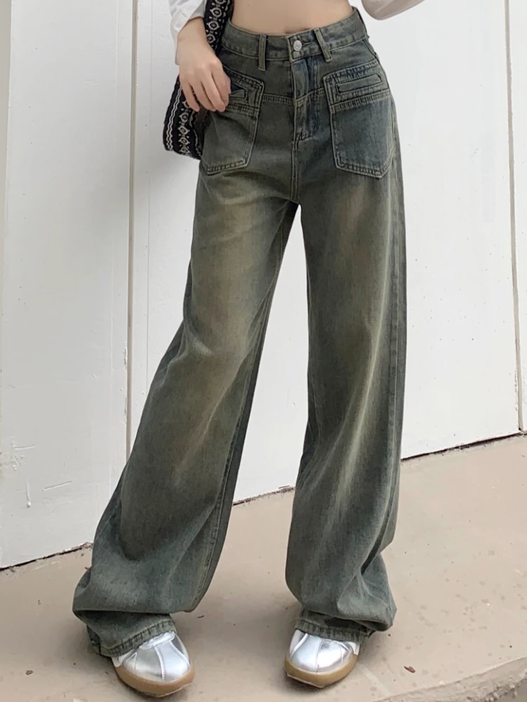 

Винтажные синие модные джинсы в Корейском стиле, Женские французские Широкие джинсовые брюки в ретро стиле, женские осенние джинсы с высокой талией 2023