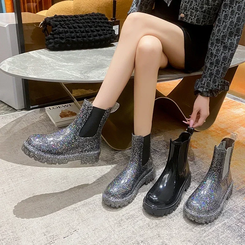 New Women's Shiny Color Fashion Rain Boots Four Seasons