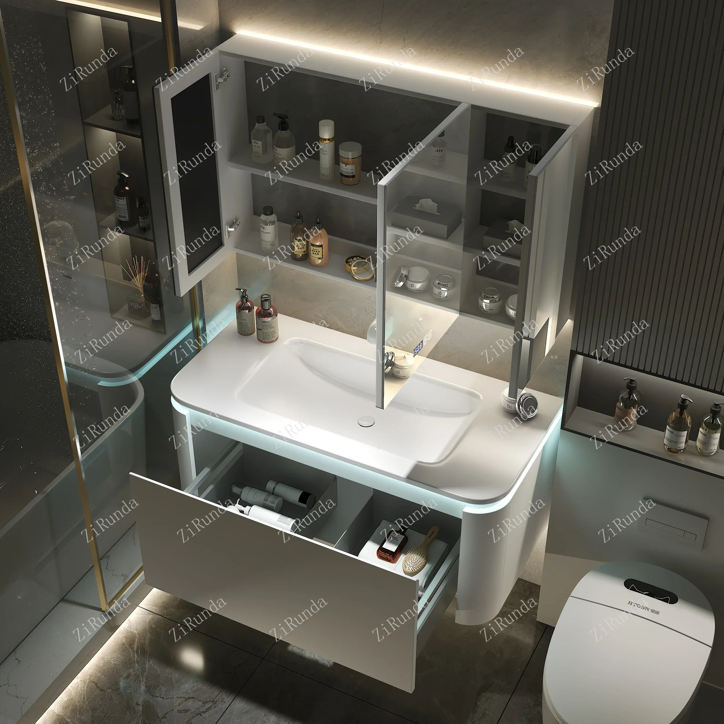 ~Simple Rounded Whole Washbin Oak Bathroom Cabinet Combination Washbasin Wash Basin Pool
