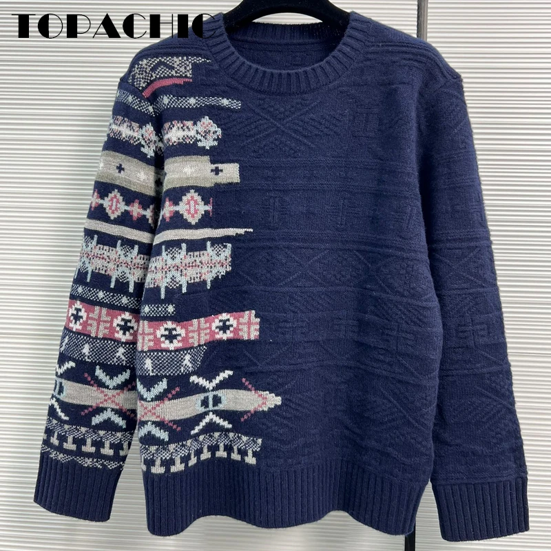 

10.18 TOPACHIC Women's Geometric Jacquard Round Neck Wool Knitted Pullover Sweater