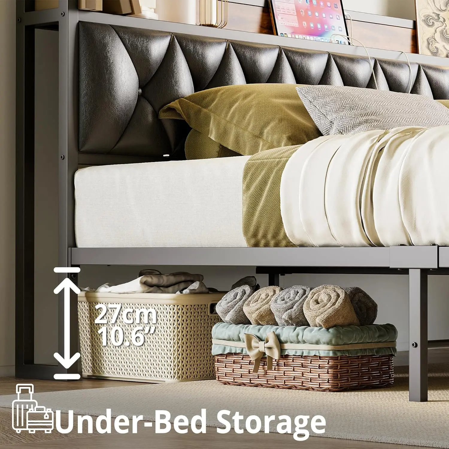 King Bed Frame, Storage Headboard with Outlets, Easy to Install, Sturdy and Stable, No Box Springs Needed, Rustic Brown