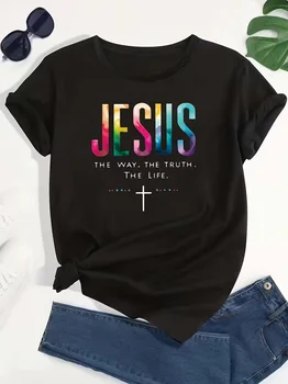 Women'S Casual T-Shirt Colorful Letter Print - "Jesus" The Way The Truth The Life" Design, All-Season Comfort, Ladies T-Shirts 1
