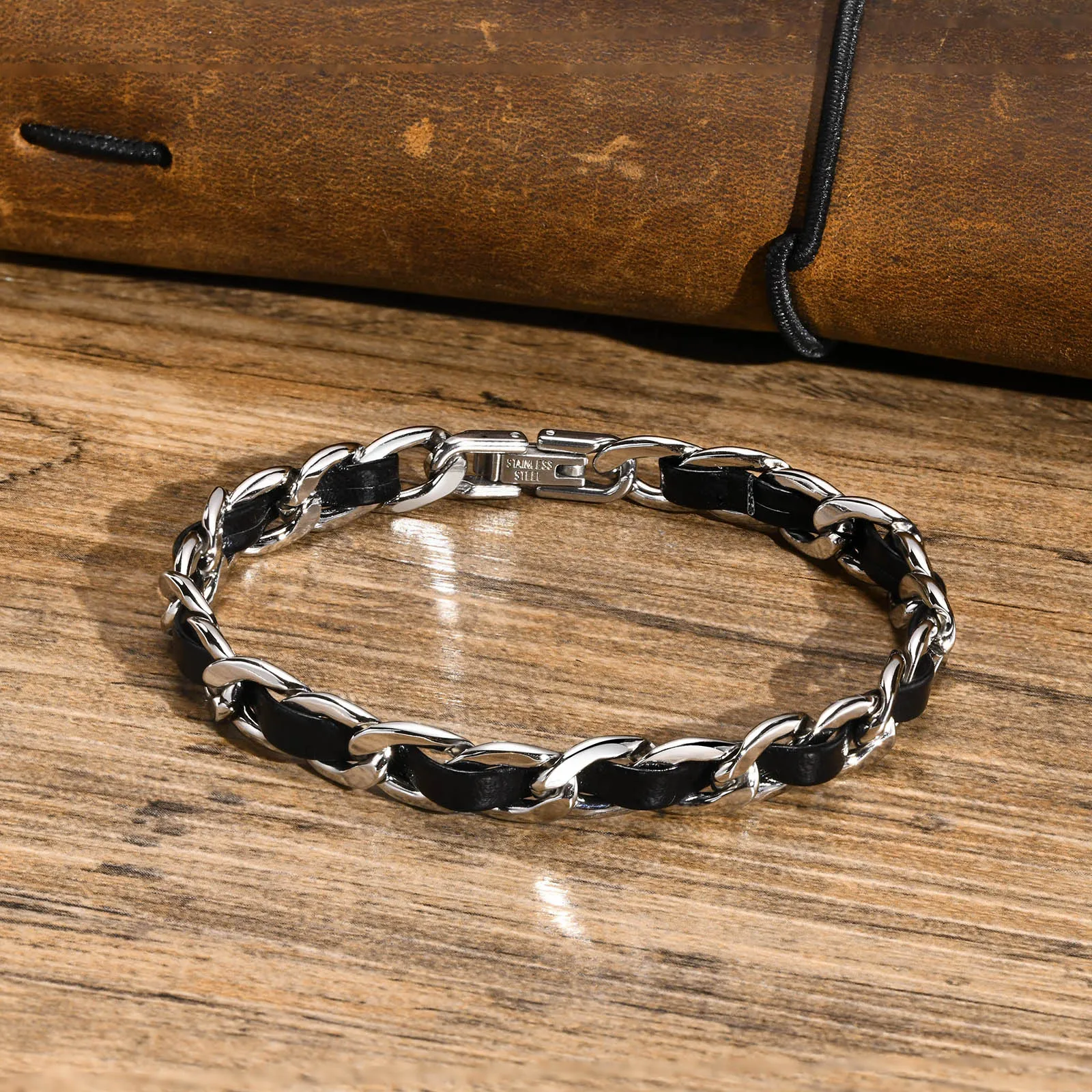 Herren-Kettenarmbänder aus schwarzem Leder, wasserdichter Edelstahl mit kubanischen Gliedern, Kettenarmband, Geschenkschmuck, Pulseira Masculina – Detail 4