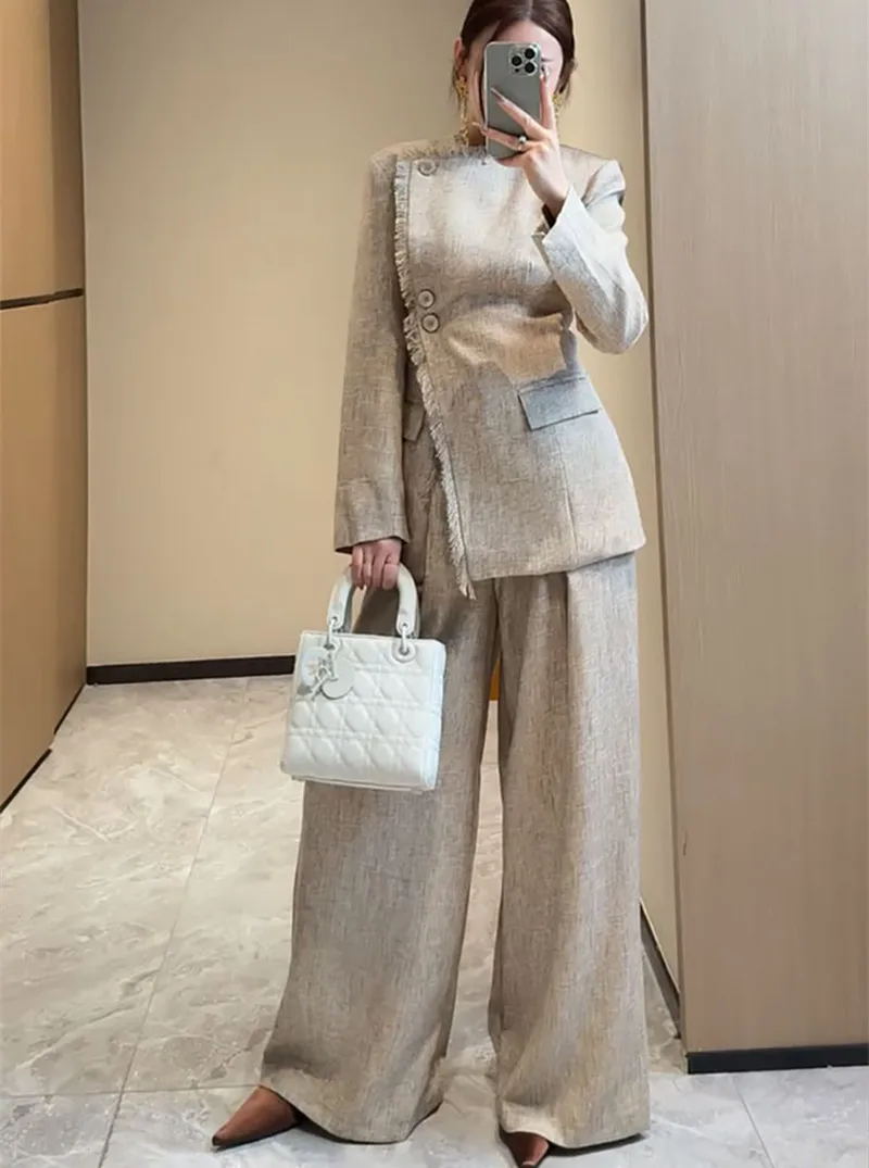 casual suit sets  2024 new women's spring and autumn two-piece fringed design jacket casual+pants set 2