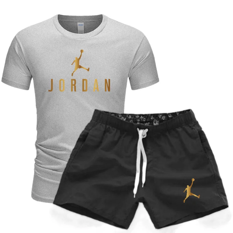Summer men's fitness fashion men's casual sportswear set, quick drying sportswear short sleeved T-shirt+shorts 2-piece set