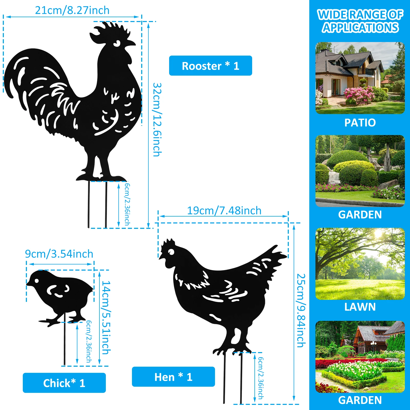 Yard Art Garden Metal Sculpture Chicken Decoration 3Pcs Creative Rooster Outline Lawn After Outdoor Hen Garden Decorated