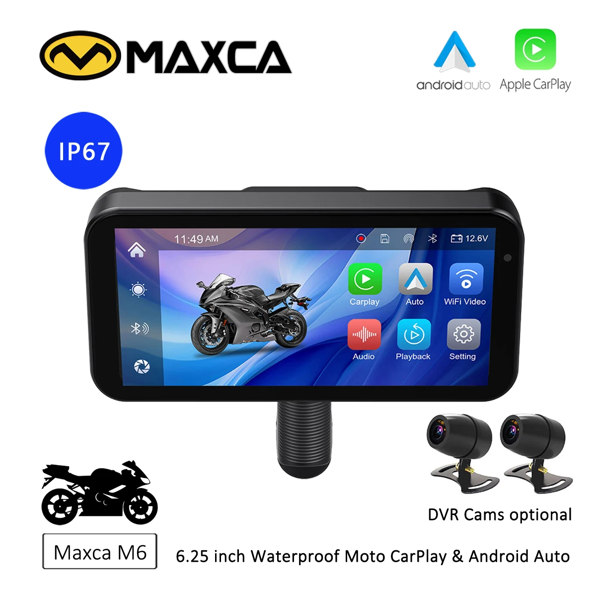 

Система видеорегистратора Maxca M6 Moto с двойной камерой HD1080P, 6,25 дюйма, Поддержка беспроводного CarPlay, автонавигатор Android