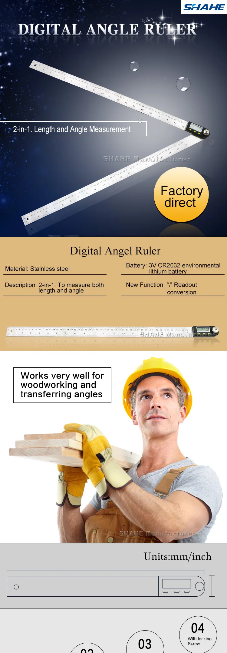 Description Picture 4 of item500mm 20'' Digital Ruler Stainless Steel Electronic Angle Meter Goniometer Digital Angle Finder Level Measuring Instruments