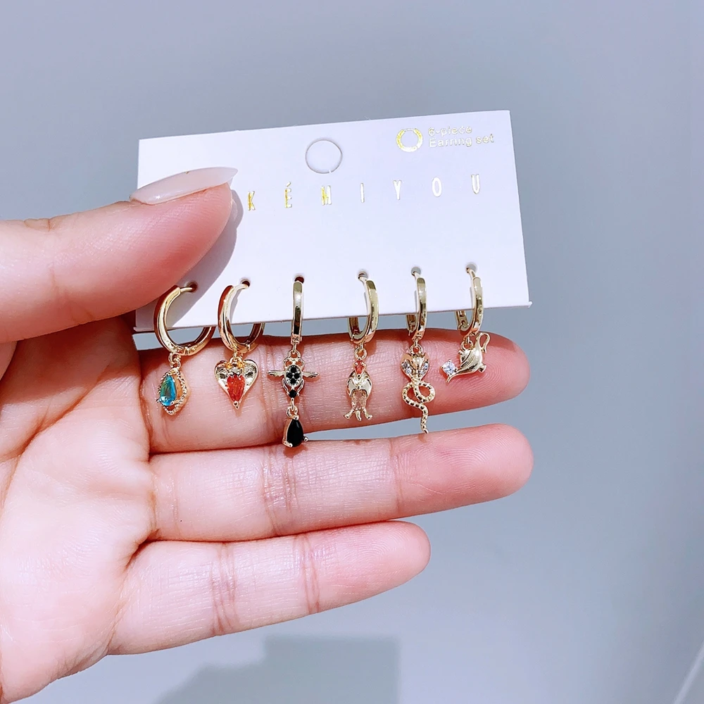 New Design 6pcs Cubic Zirconia Villain Dangle Earrings Set Gold Color Plated Women Girls Jewellery 3