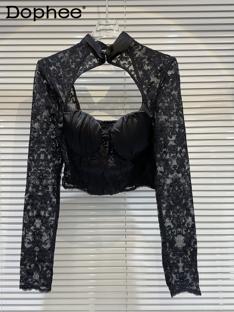 

French Style Retro Long Sleeve Short Black Top 2024 Spring New Sexy Sponge Brassiere Pad Low Cut Hollow Out Lace Shirt for Women