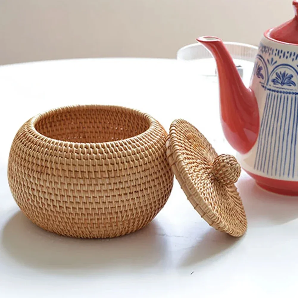 Cesta De Ratán Con Tapa Pequeña – Organizador Tejido Para Escritorio O Mesa, Decoración Natural