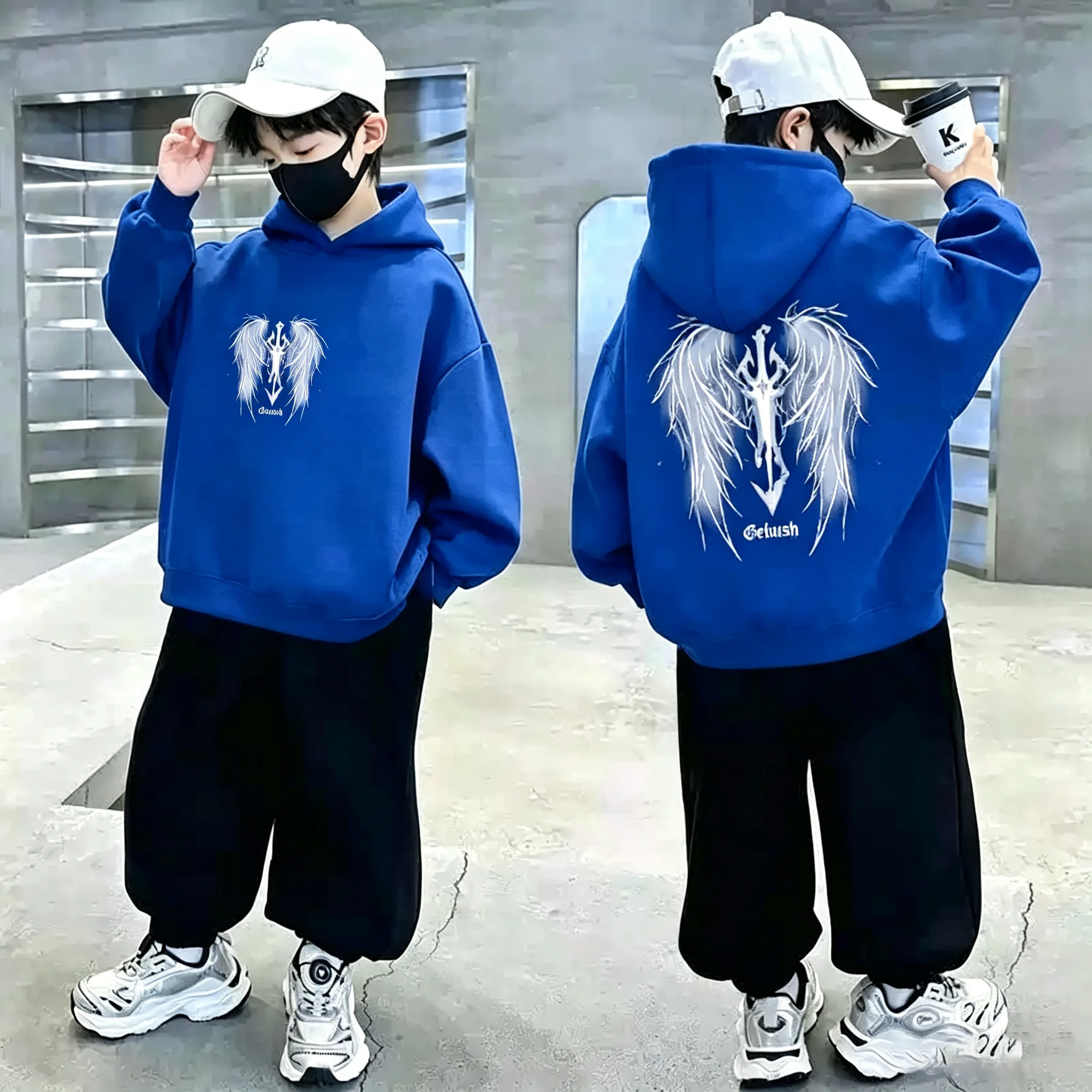 Boys Hoodie Streetwear Angel Wings Trident Print Kids Loose Hooded Sweatshirt Casual Teen Pullover - 5