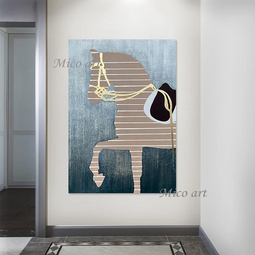 

100% Handmade Abstract Horse Picture On Canvas For Frameless Locker Room Decor Modern Impressionism Painting Gold Foil Design