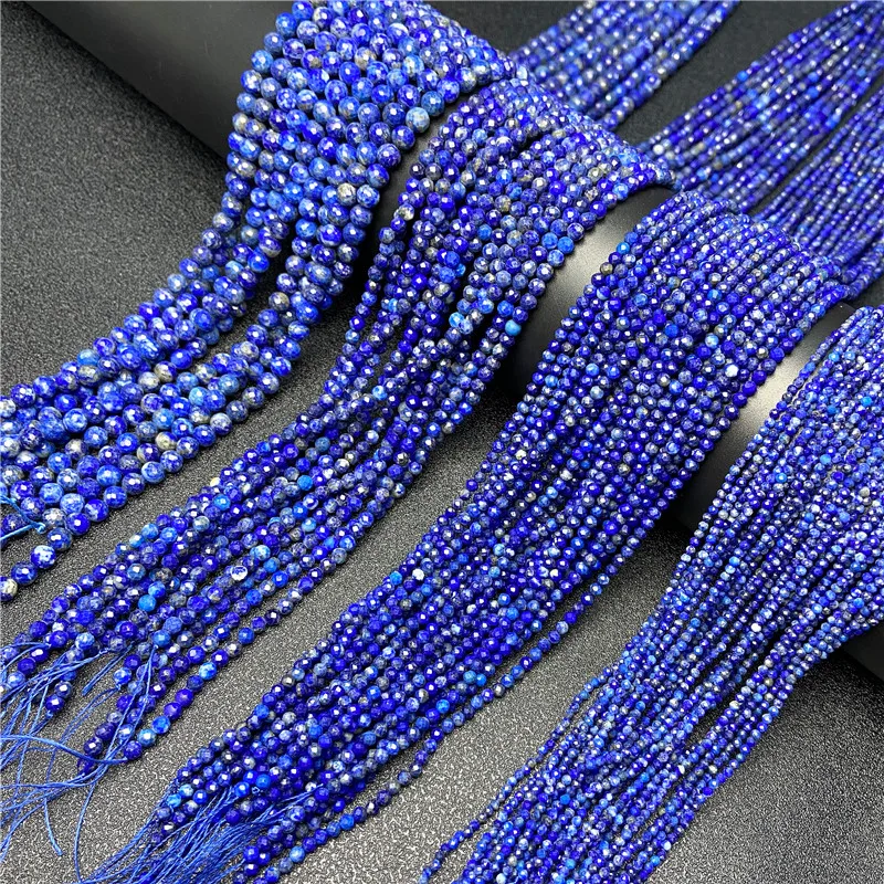 Lapis Lazuli Faceted Round Natural Stone Beads for Jewelry Making - 15 Strands